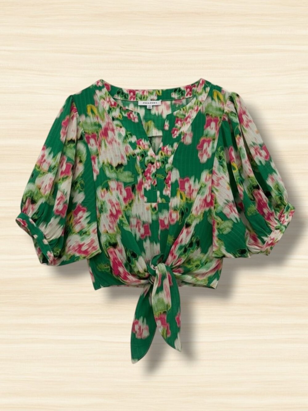 Rose + Olive Floral Front Tie Y-Neck Green Watercolor Blouse M